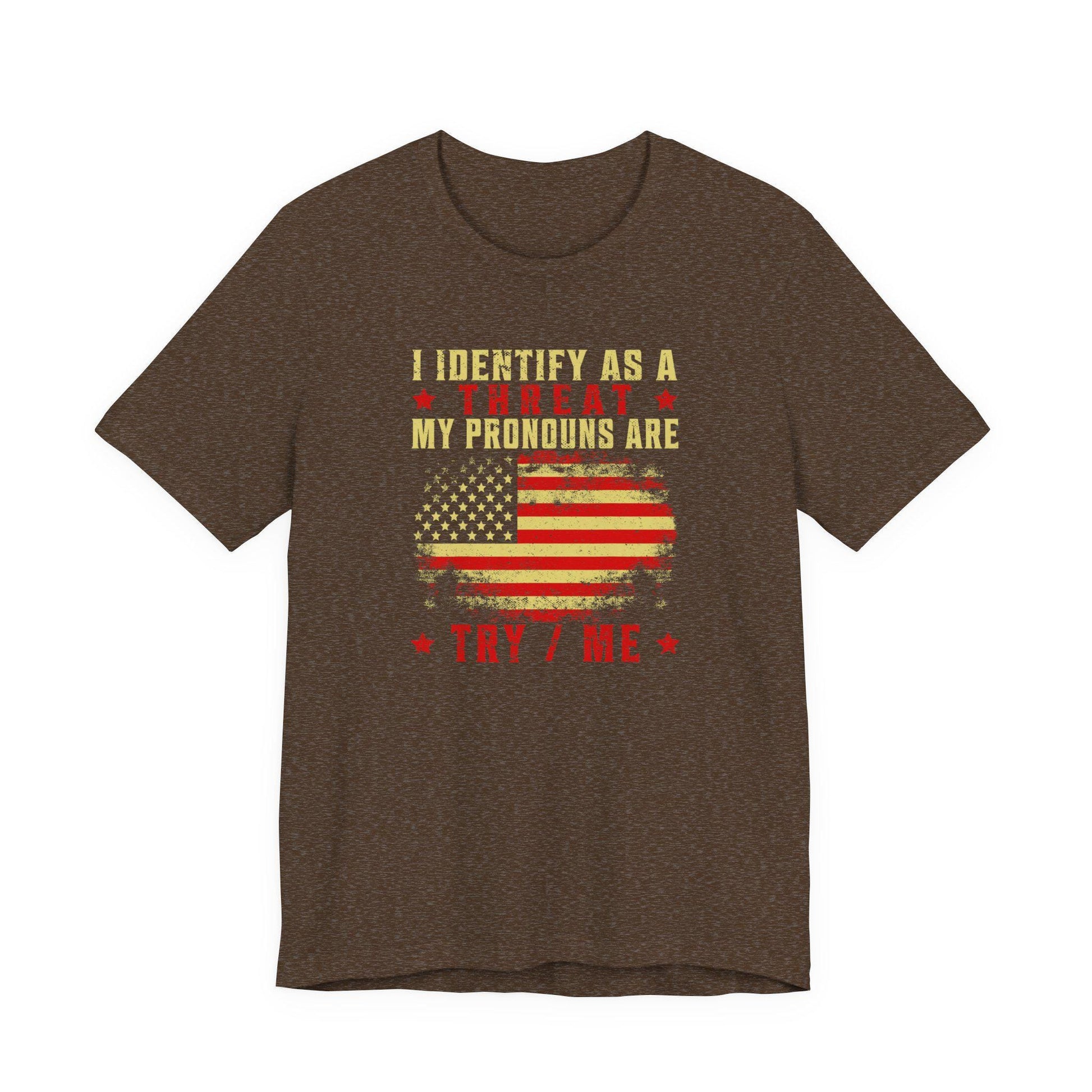 Heather brown crew-neck T-shirt with patriotic flag graphic and slogan print