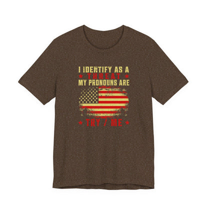 Heather brown crew-neck T-shirt with patriotic flag graphic and slogan print
