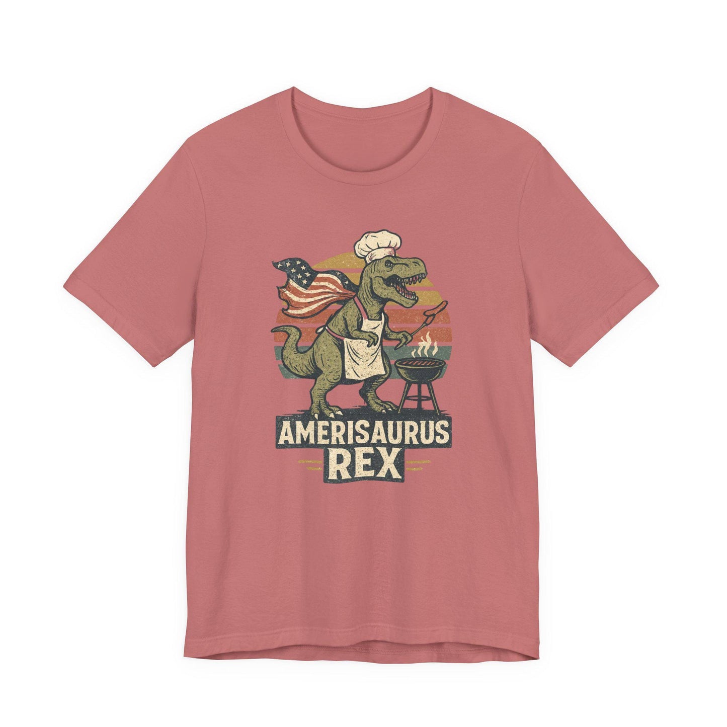 Rose graphic dinosaur T-shirt with grill, text 'Amerisaurus Rex'.