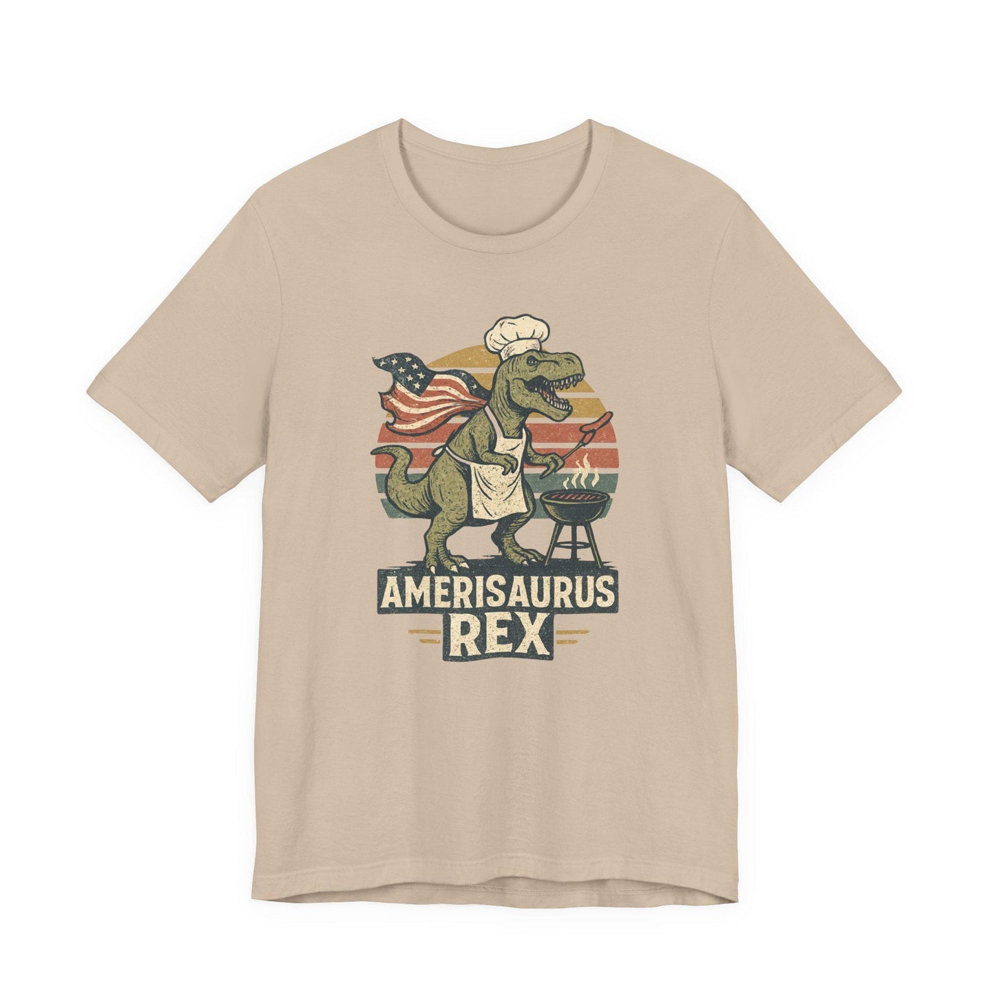 Tan graphic dinosaur T-shirt with grill, text 'Amerisaurus Rex'.