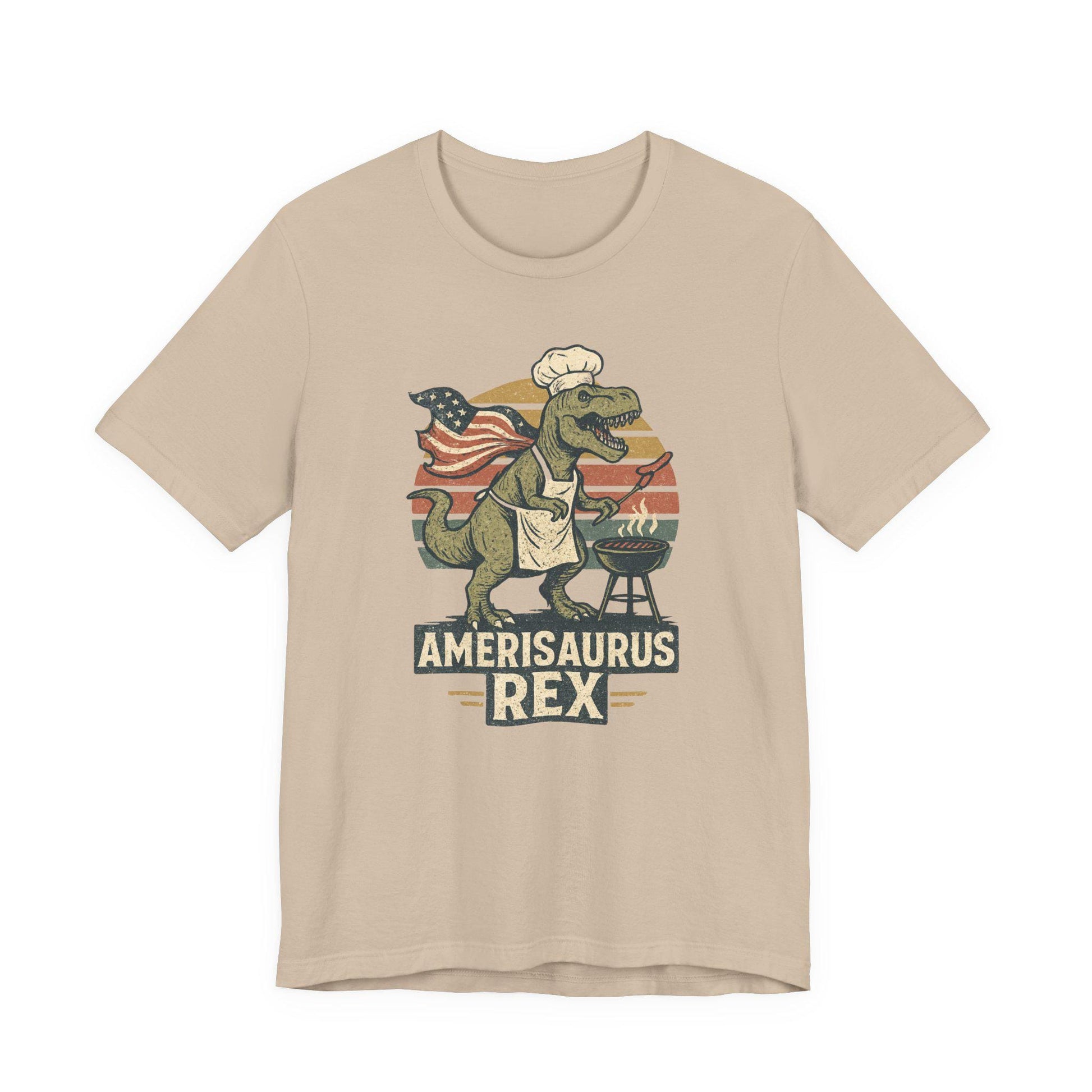 Tan graphic dinosaur T-shirt with grill, text 'Amerisaurus Rex'.
