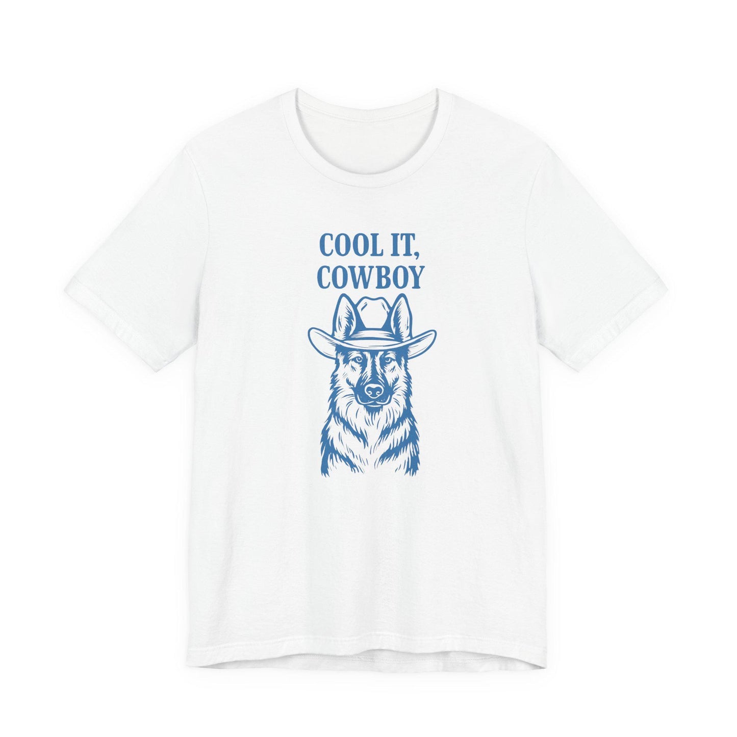 White cowboy graphic T-shirt with 'COOL IT, COWBOY' slogan and hat portrait