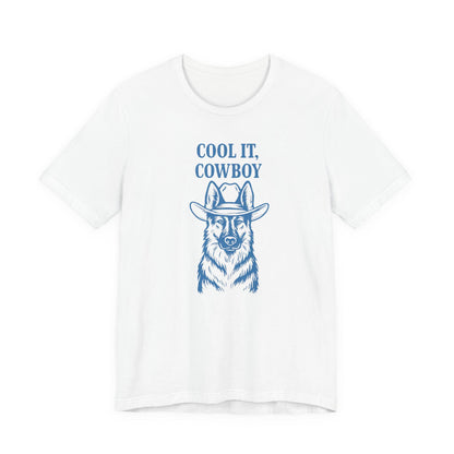 White cowboy graphic T-shirt with 'COOL IT, COWBOY' slogan and hat portrait