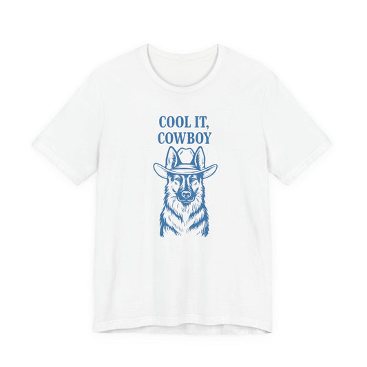 White cowboy graphic T-shirt with 'COOL IT, COWBOY' slogan and hat portrait