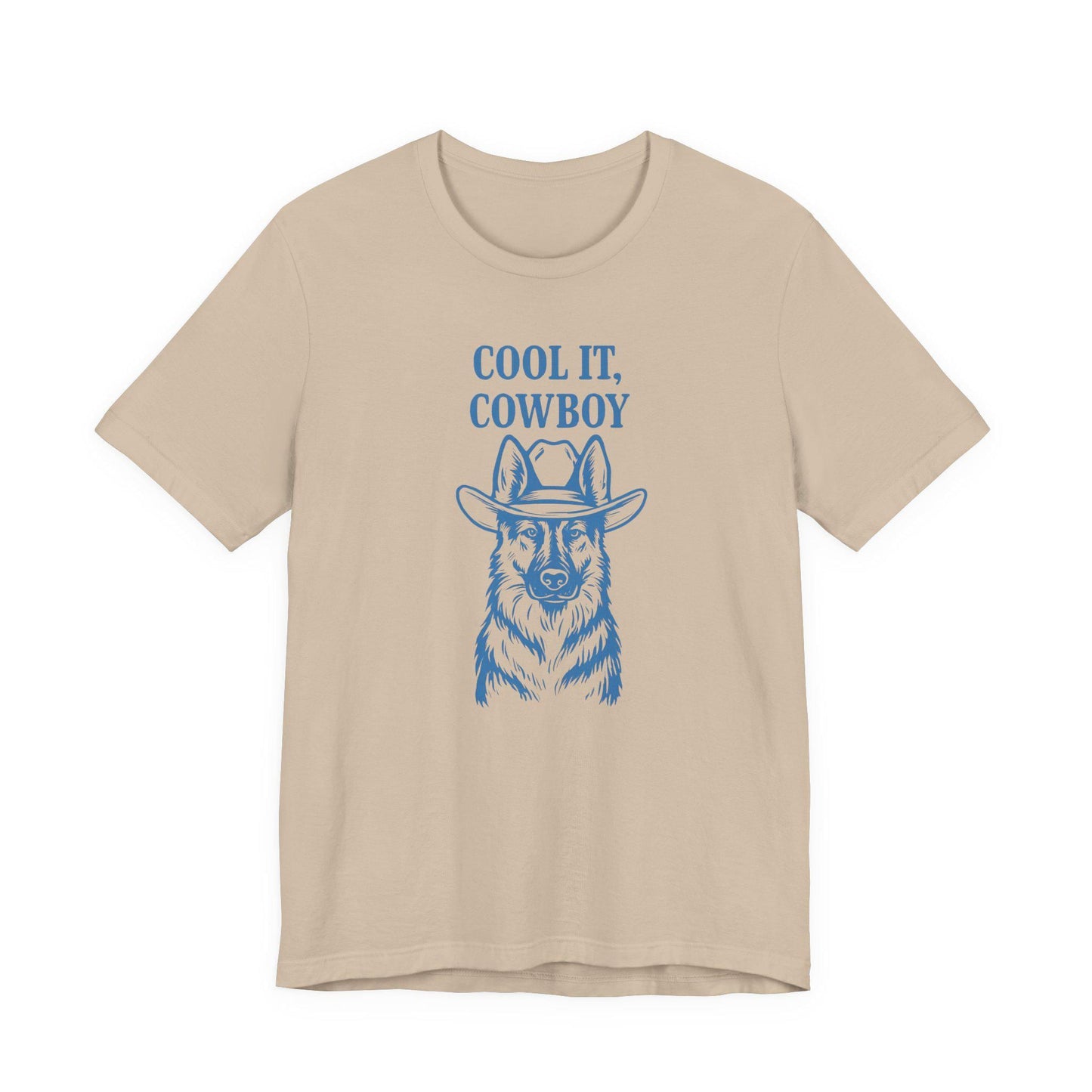 Tan cowboy graphic T-shirt with 'COOL IT, COWBOY' slogan and hat portrait