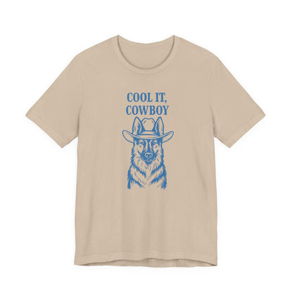 Tan cowboy graphic T-shirt with 'COOL IT, COWBOY' slogan and hat portrait