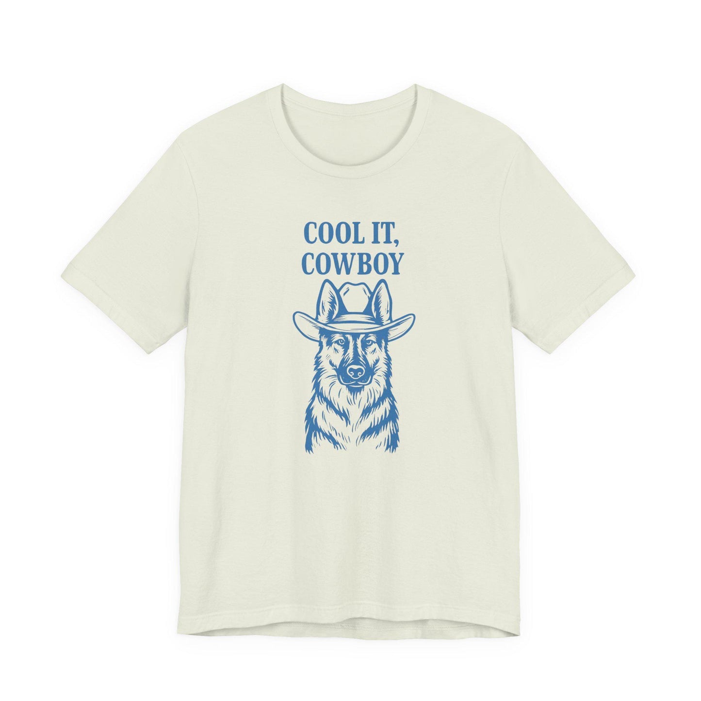 Light cream cowboy graphic T-shirt with 'COOL IT, COWBOY' slogan and hat portrait
