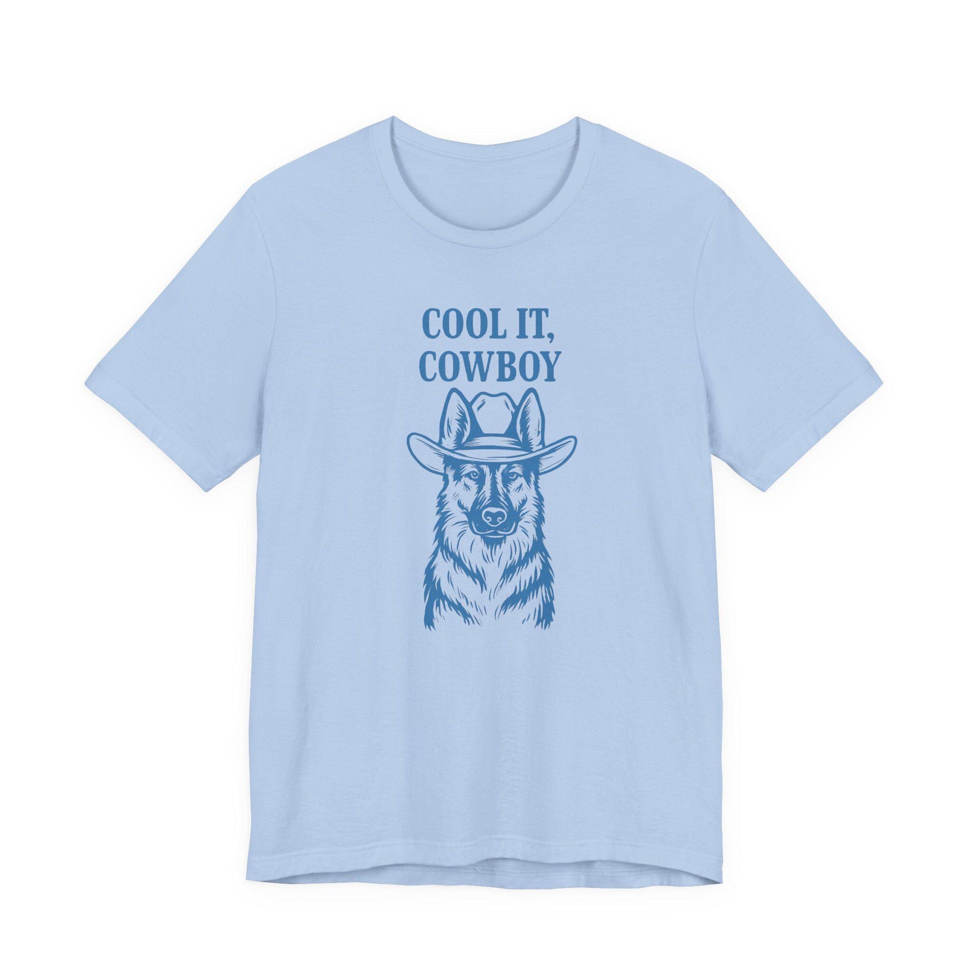 Light blue cowboy graphic T-shirt with 'COOL IT, COWBOY' slogan and hat portrait