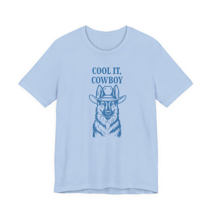 Light blue cowboy graphic T-shirt with 'COOL IT, COWBOY' slogan and hat portrait