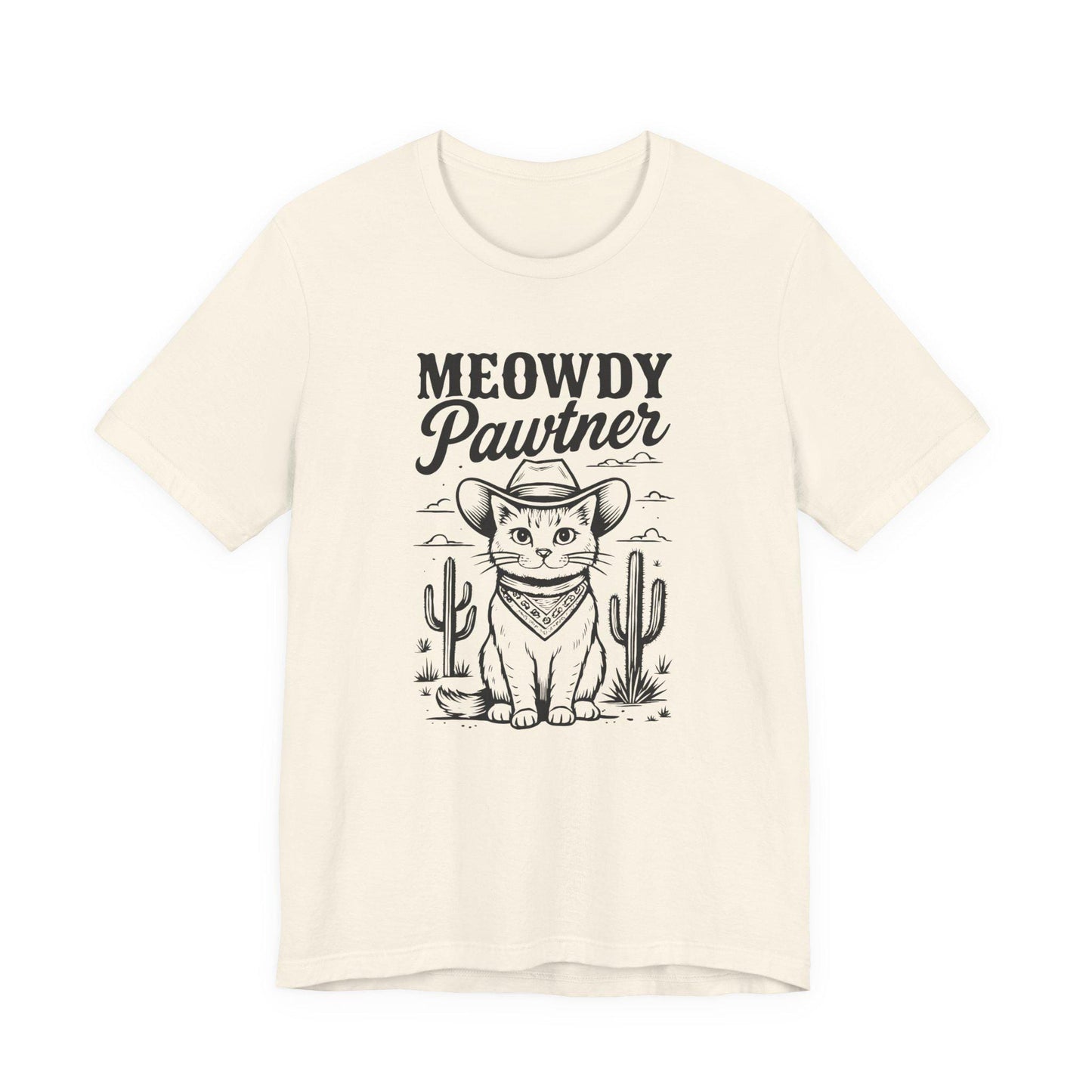 Natural graphic cat tee with 'MEOWDY Pawtner' front print
