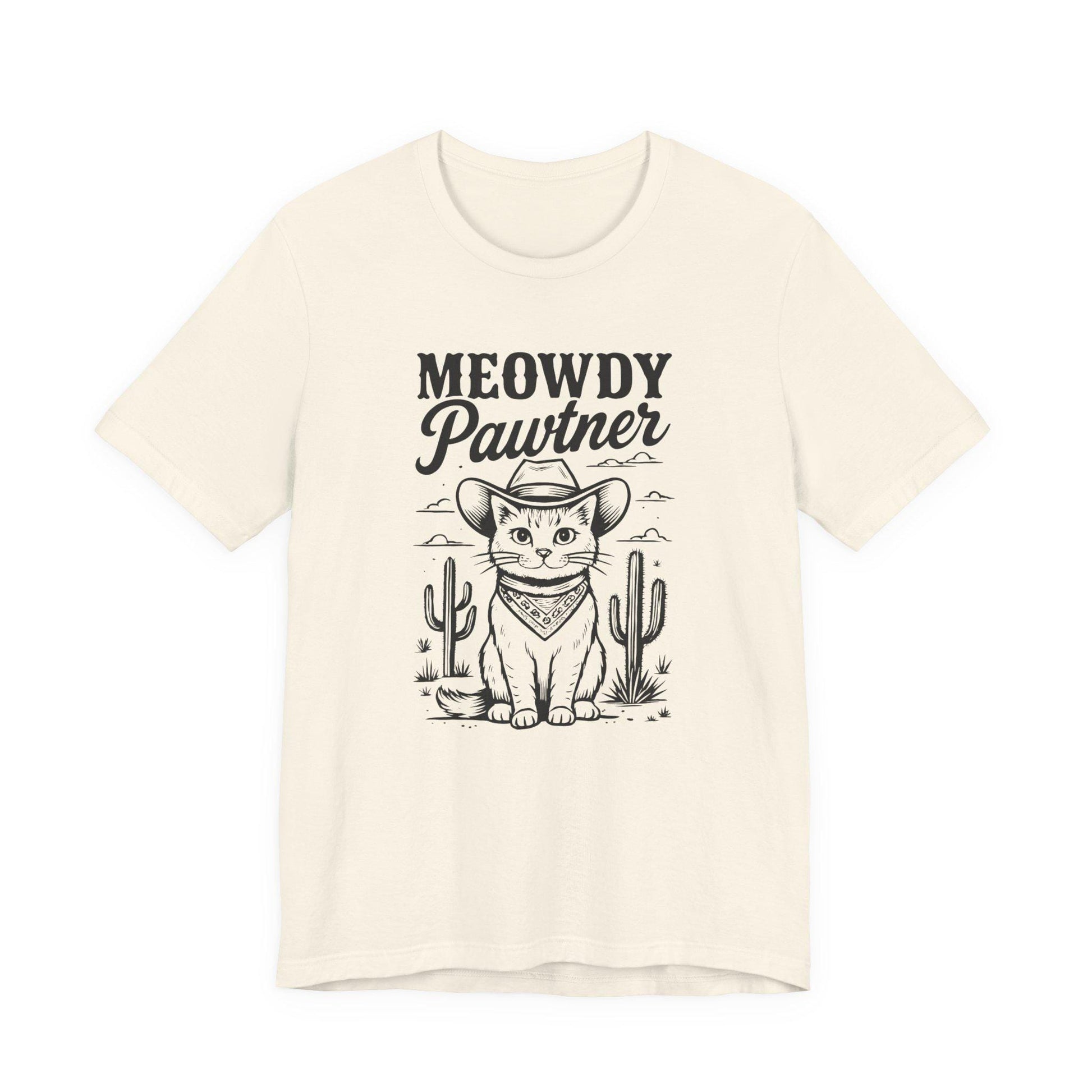 Natural graphic cat tee with 'MEOWDY Pawtner' front print