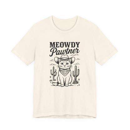 Natural graphic cat tee with 'MEOWDY Pawtner' front print