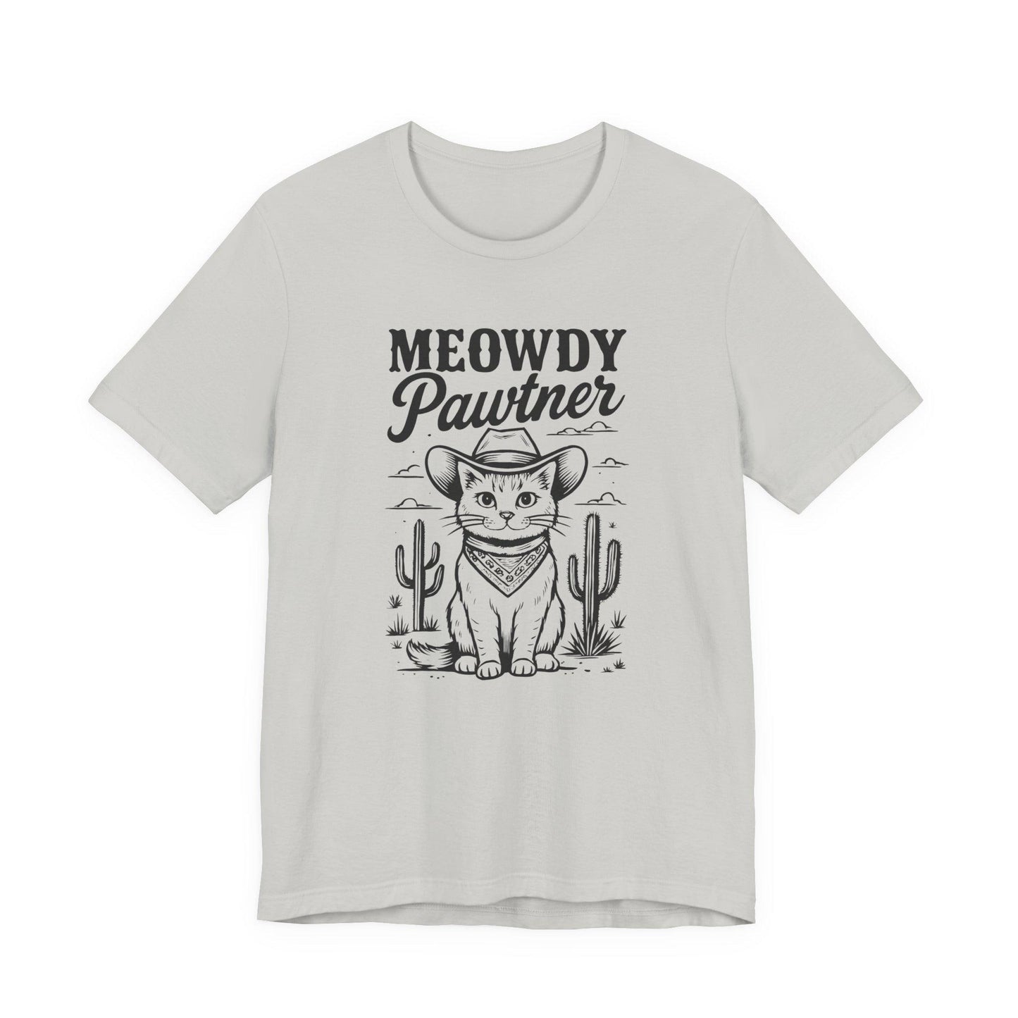 Light gray graphic cat tee with 'MEOWDY Pawtner' front print
