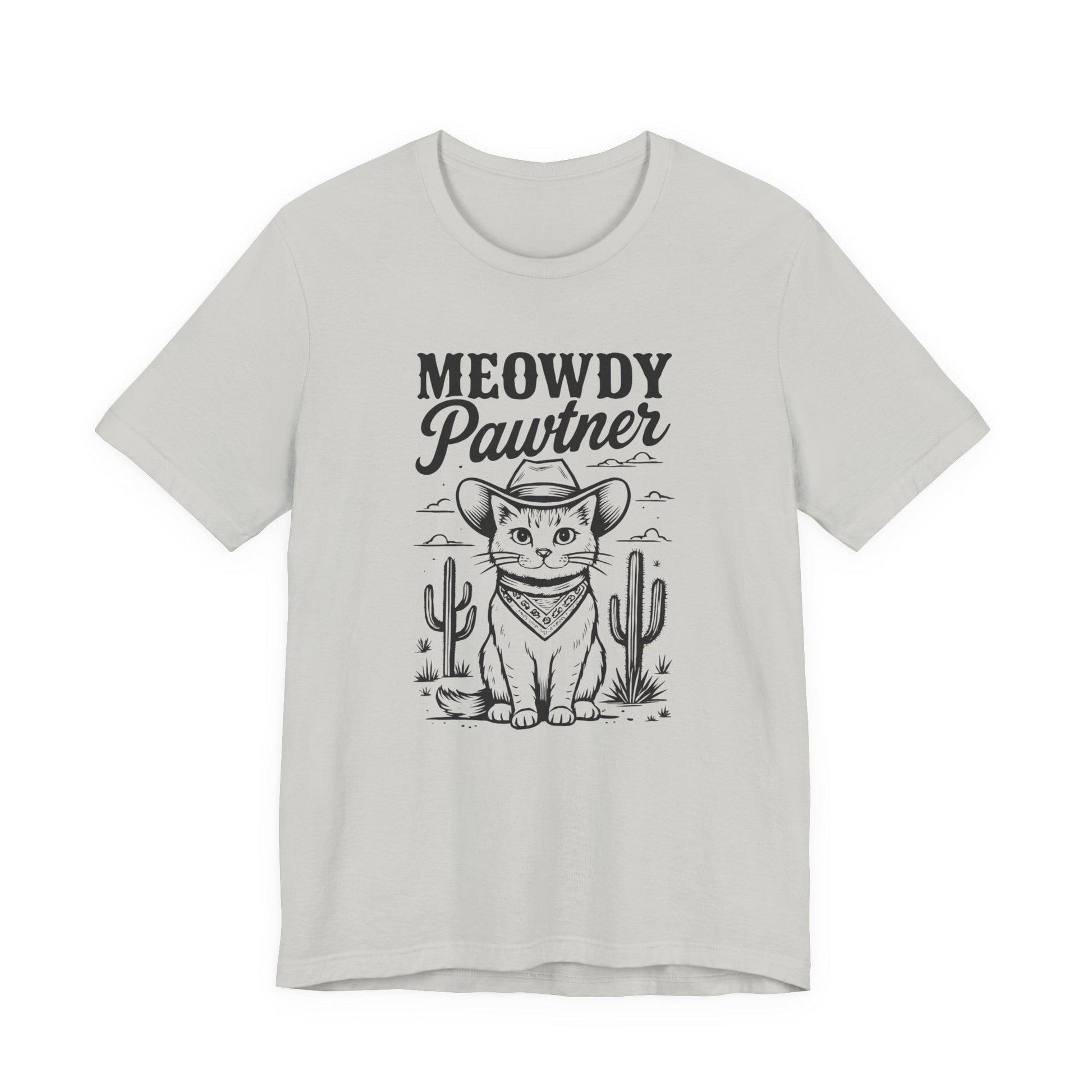 Light gray graphic cat tee with 'MEOWDY Pawtner' front print
