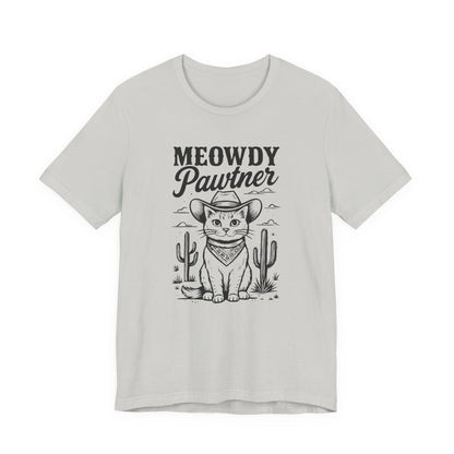 Light gray graphic cat tee with 'MEOWDY Pawtner' front print