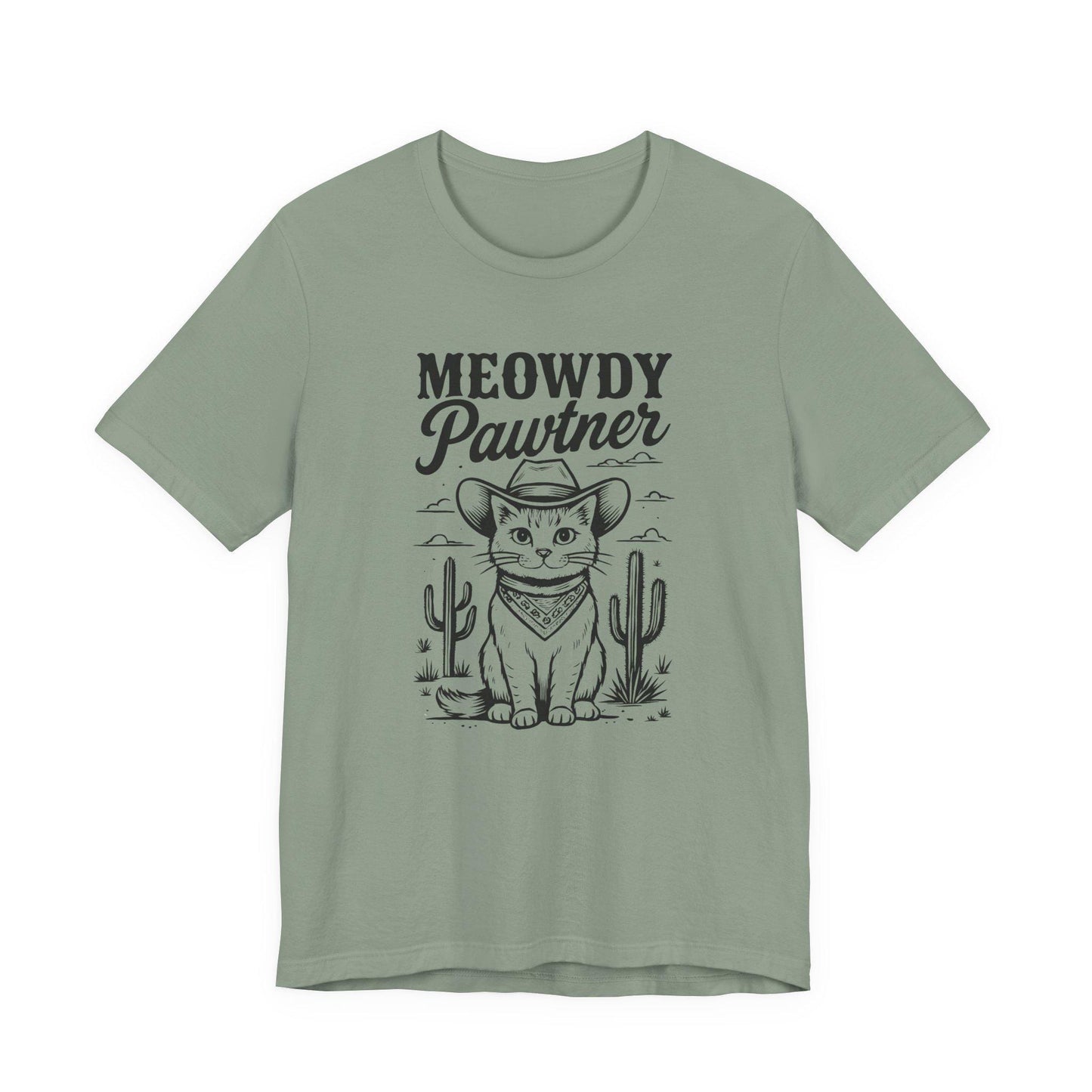 Sage green graphic cat tee with 'MEOWDY Pawtner' front print