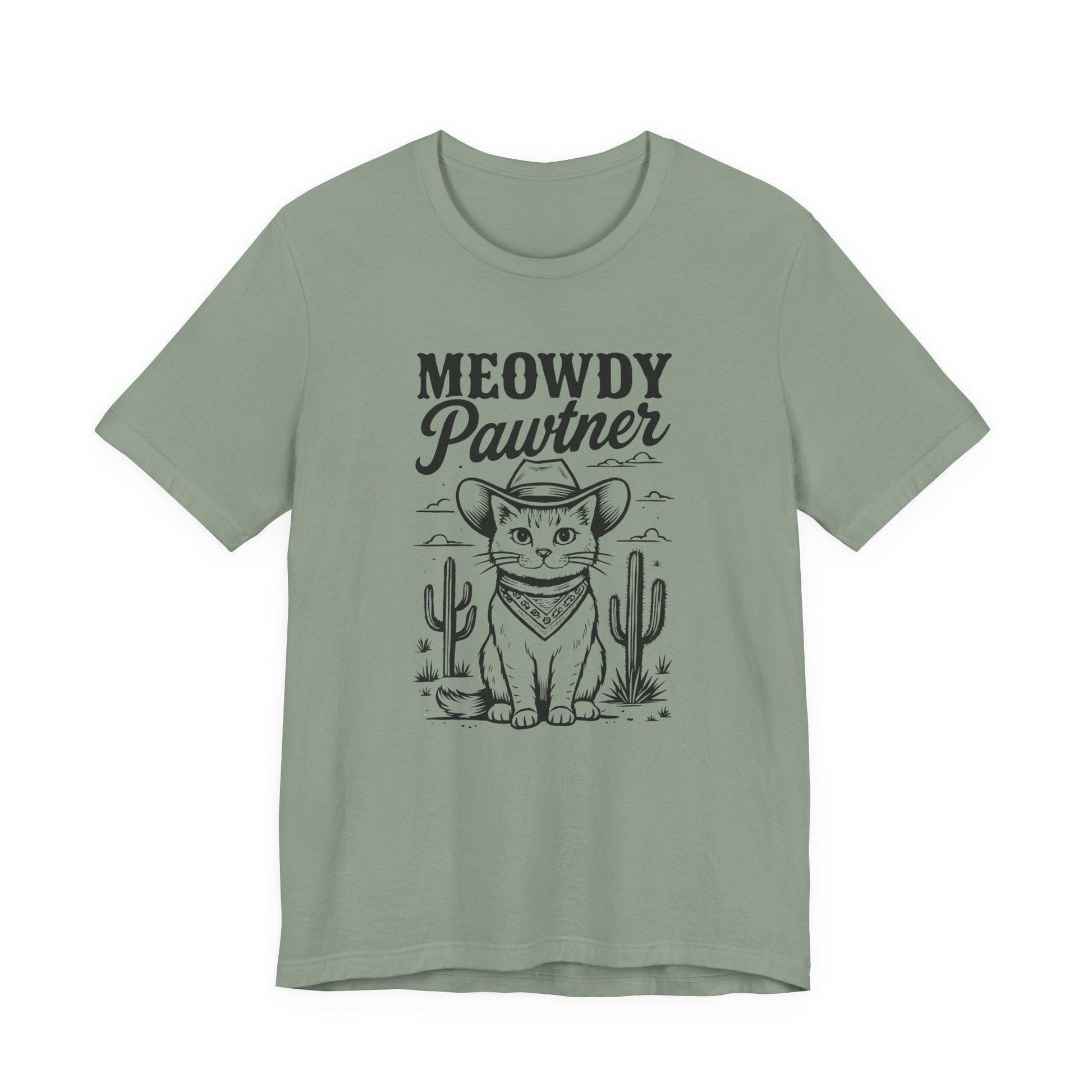 Sage green graphic cat tee with 'MEOWDY Pawtner' front print