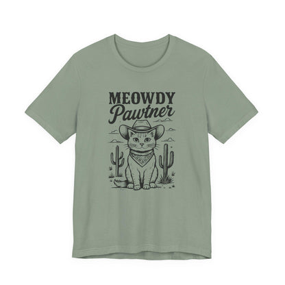 Sage green graphic cat tee with 'MEOWDY Pawtner' front print