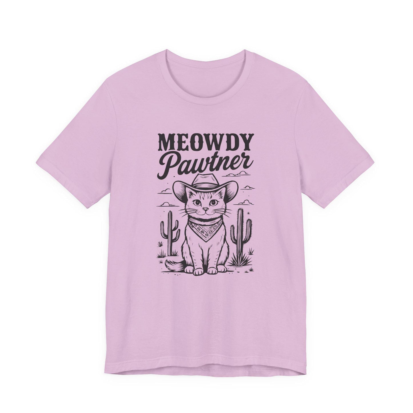Lilac graphic cat tee with 'MEOWDY Pawtner' front print