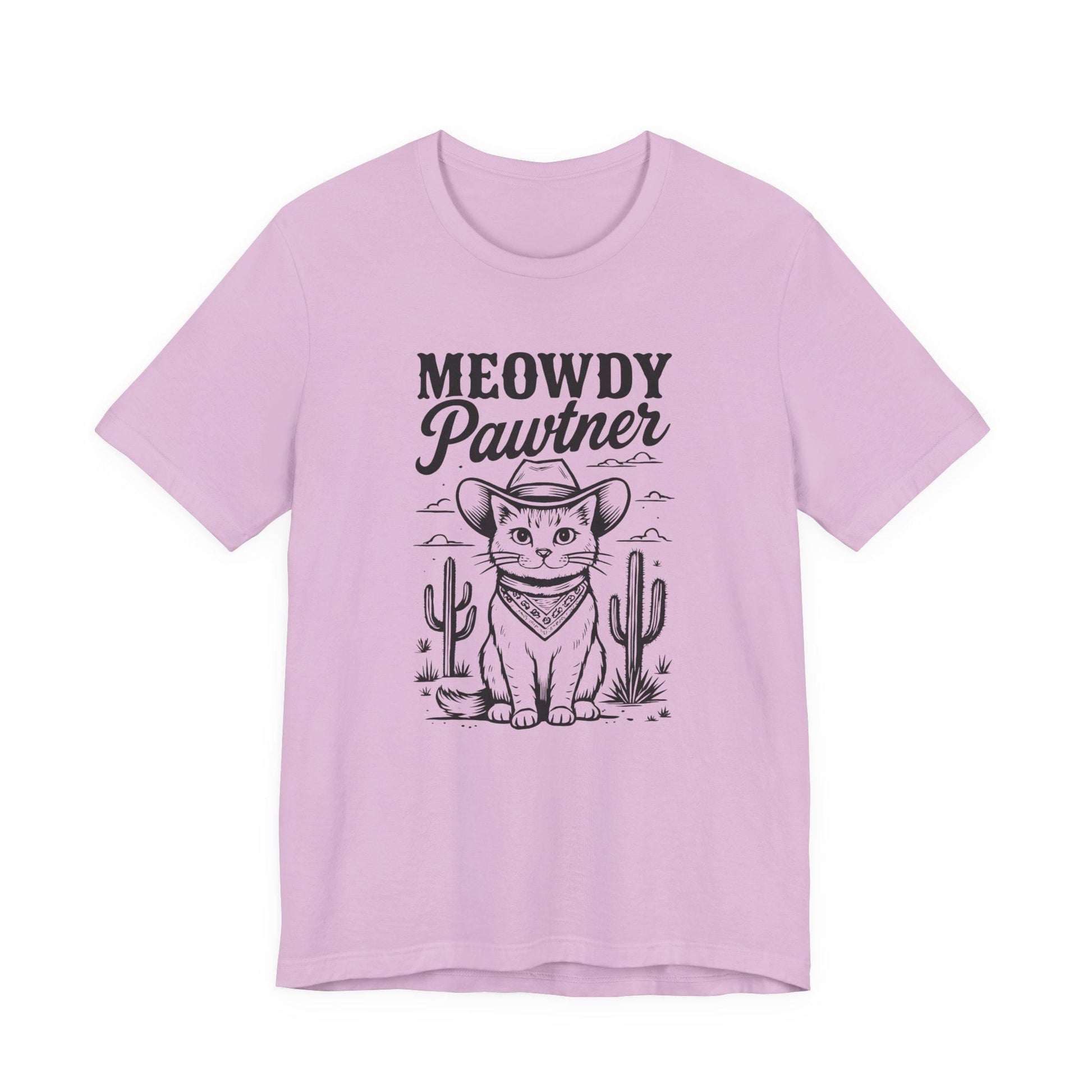 Lilac graphic cat tee with 'MEOWDY Pawtner' front print