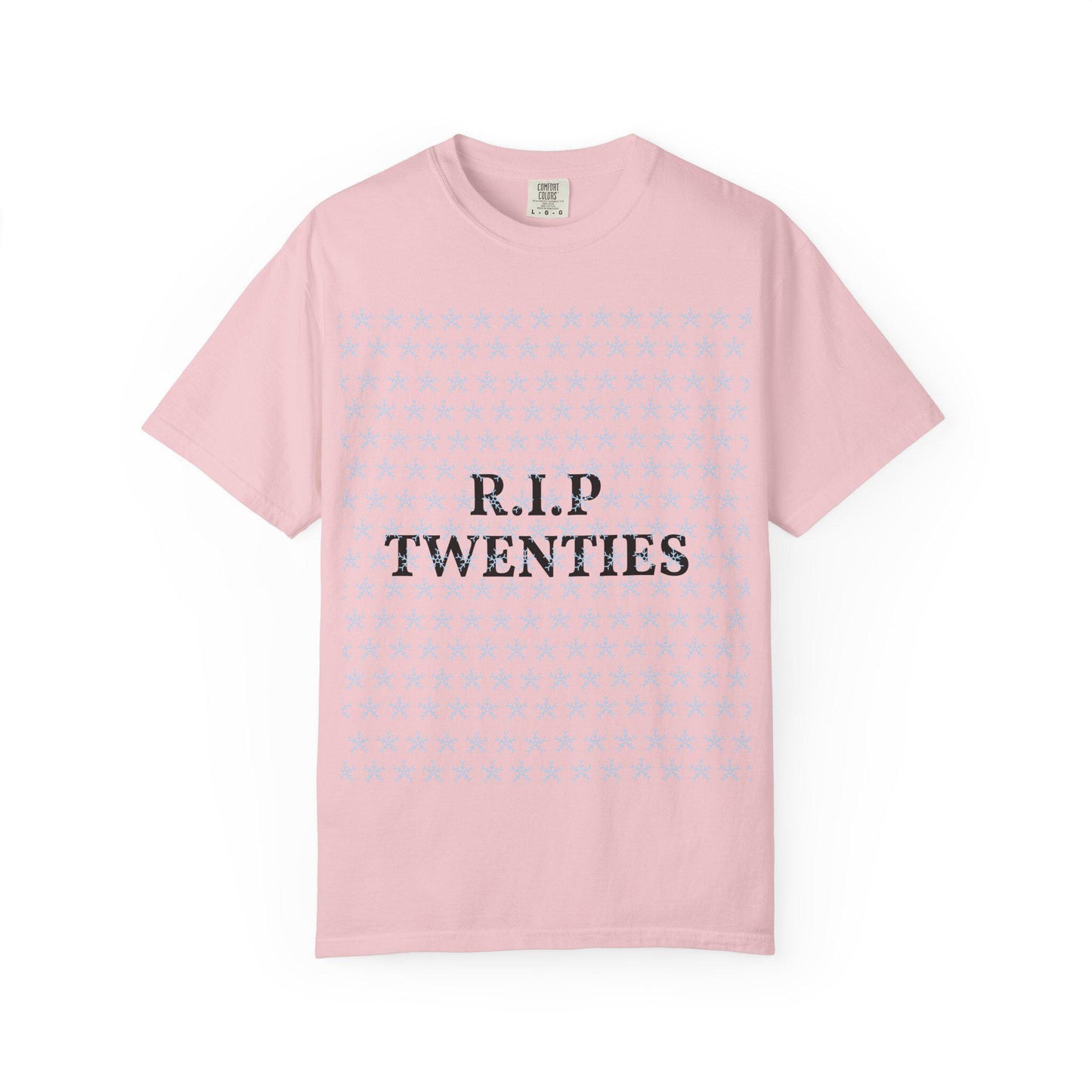 Unisex garment-dyed T-shirt, light pink, with R.I.P TWENTIES front graphic.