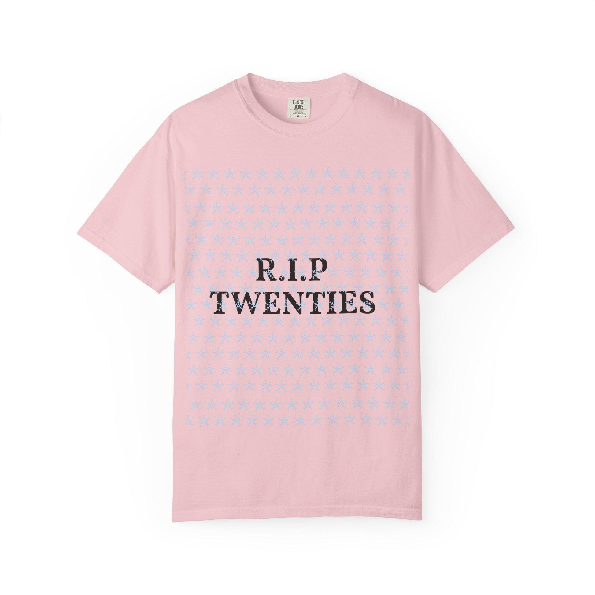Unisex garment-dyed T-shirt, light pink, with R.I.P TWENTIES front graphic.