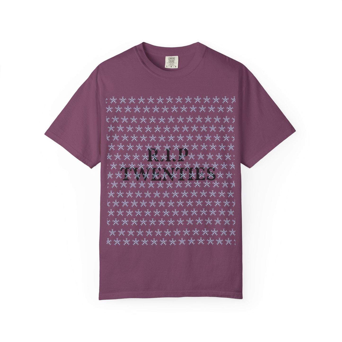 Unisex garment-dyed T-shirt, maroon, with R.I.P TWENTIES front graphic.