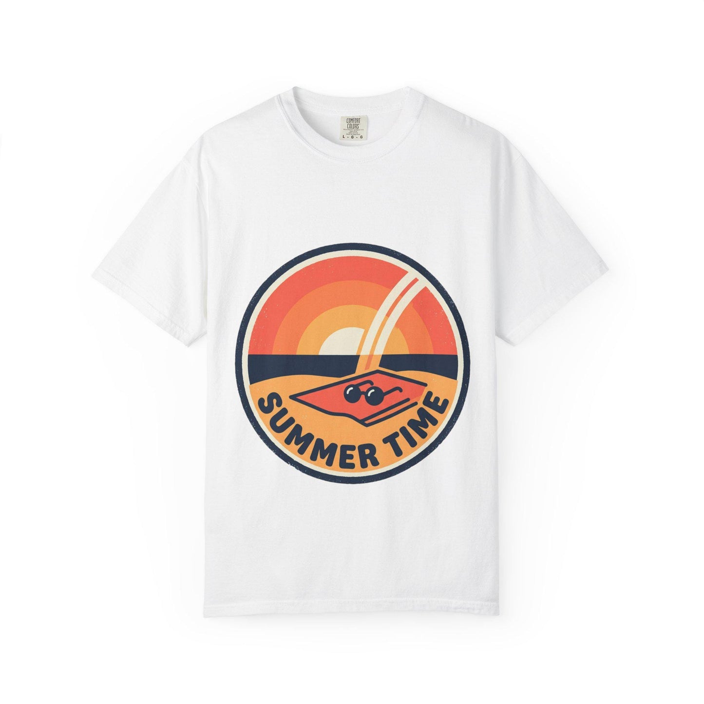 White t-shirt with round retro surf graphic and “SUMMER TIME” text