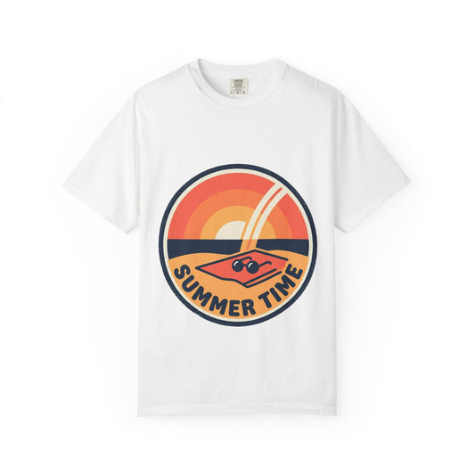 White t-shirt with round retro surf graphic and “SUMMER TIME” text