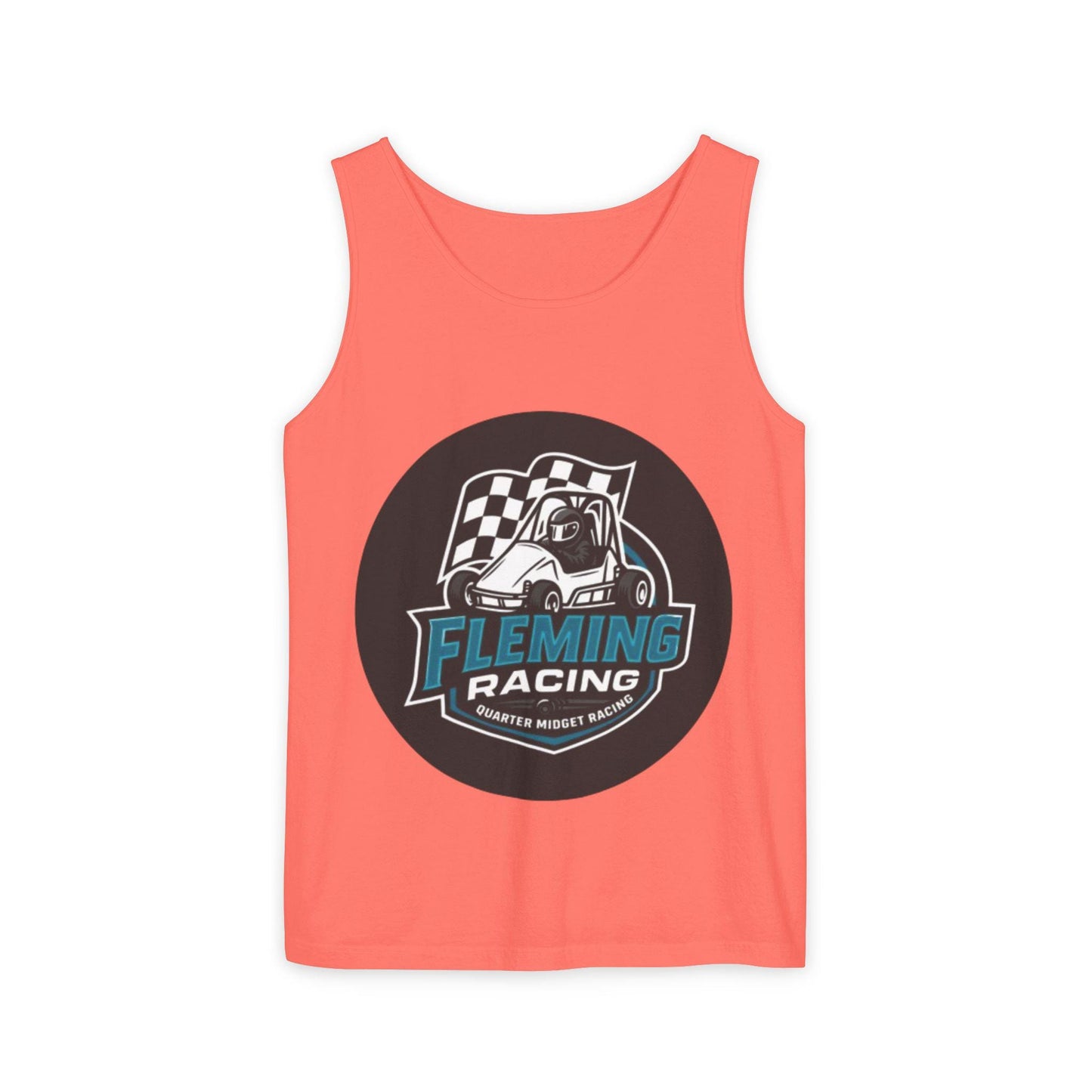 Coral racing tank top with circular car logo graphic on the front.