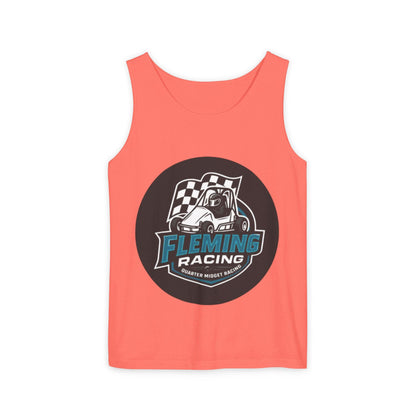 Coral racing tank top with circular car logo graphic on the front.