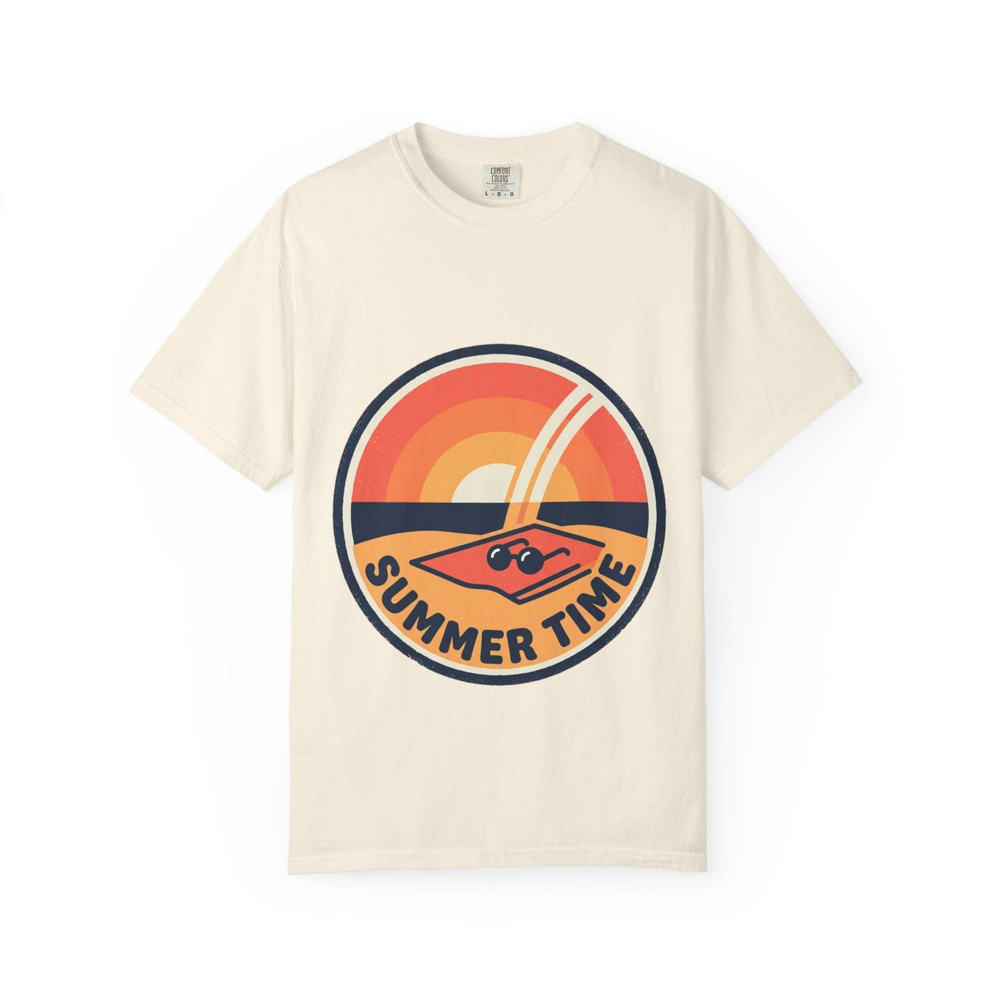 Ivory t-shirt with round retro surf graphic and “SUMMER TIME” text