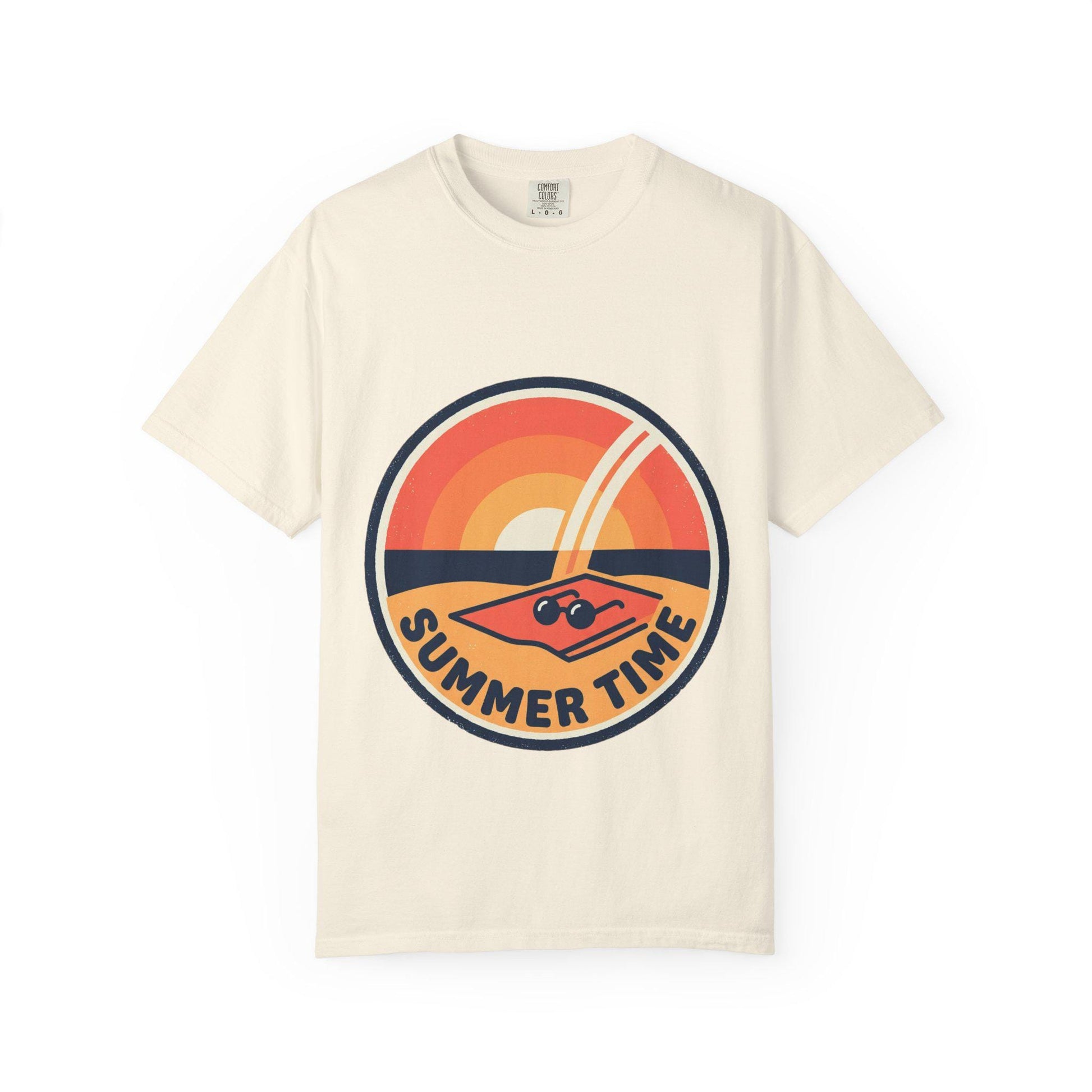 Ivory t-shirt with round retro surf graphic and “SUMMER TIME” text