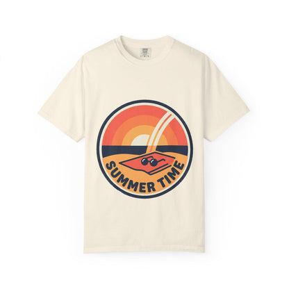 Ivory t-shirt with round retro surf graphic and “SUMMER TIME” text