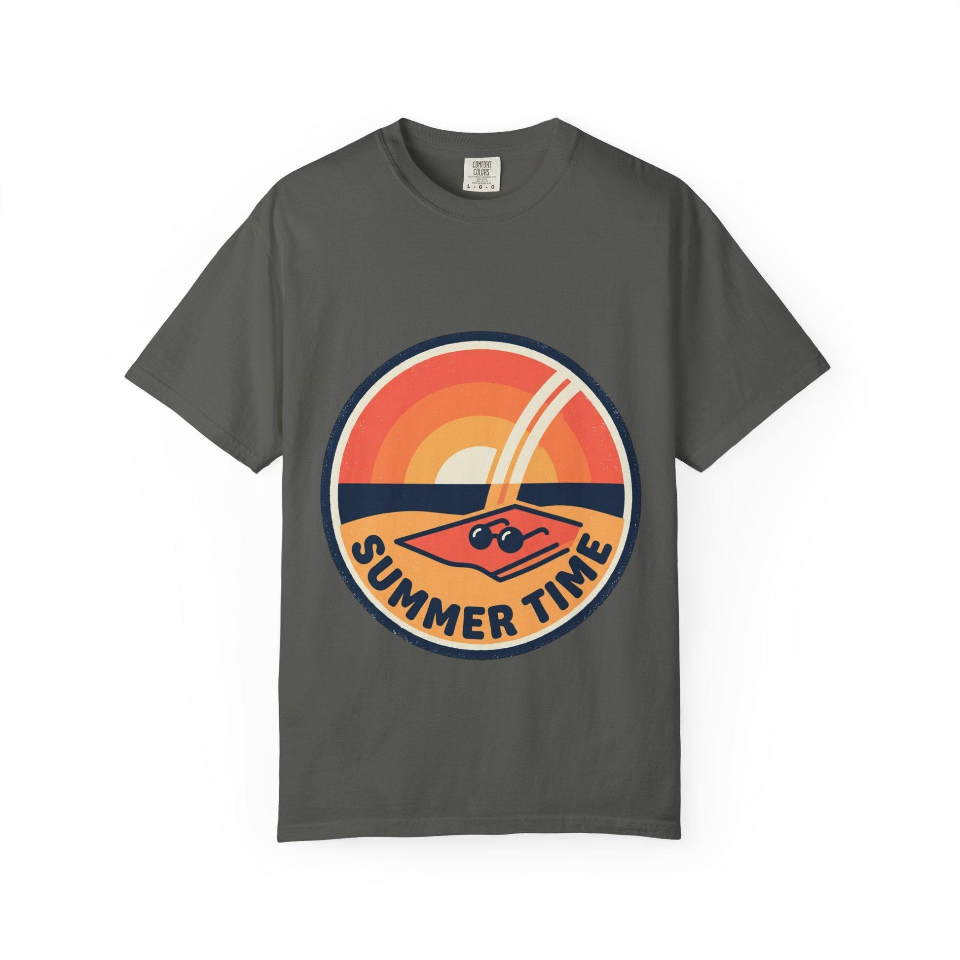 Dark gray t-shirt with round retro surf graphic and “SUMMER TIME” text