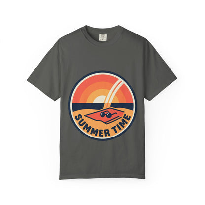 Dark gray t-shirt with round retro surf graphic and “SUMMER TIME” text