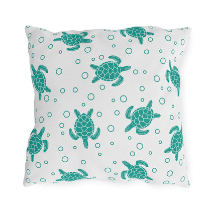 Sea turtle outdoor pillow with teal turtles and bubble dots, light fabric cover