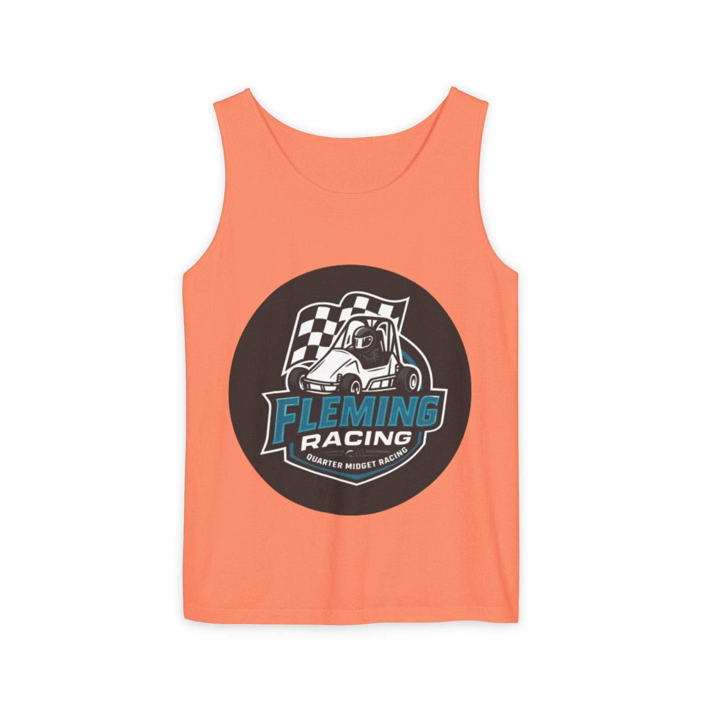 Peach racing tank top with circular car logo graphic on chest.