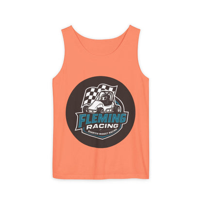 Peach racing tank top with circular car logo graphic on chest.