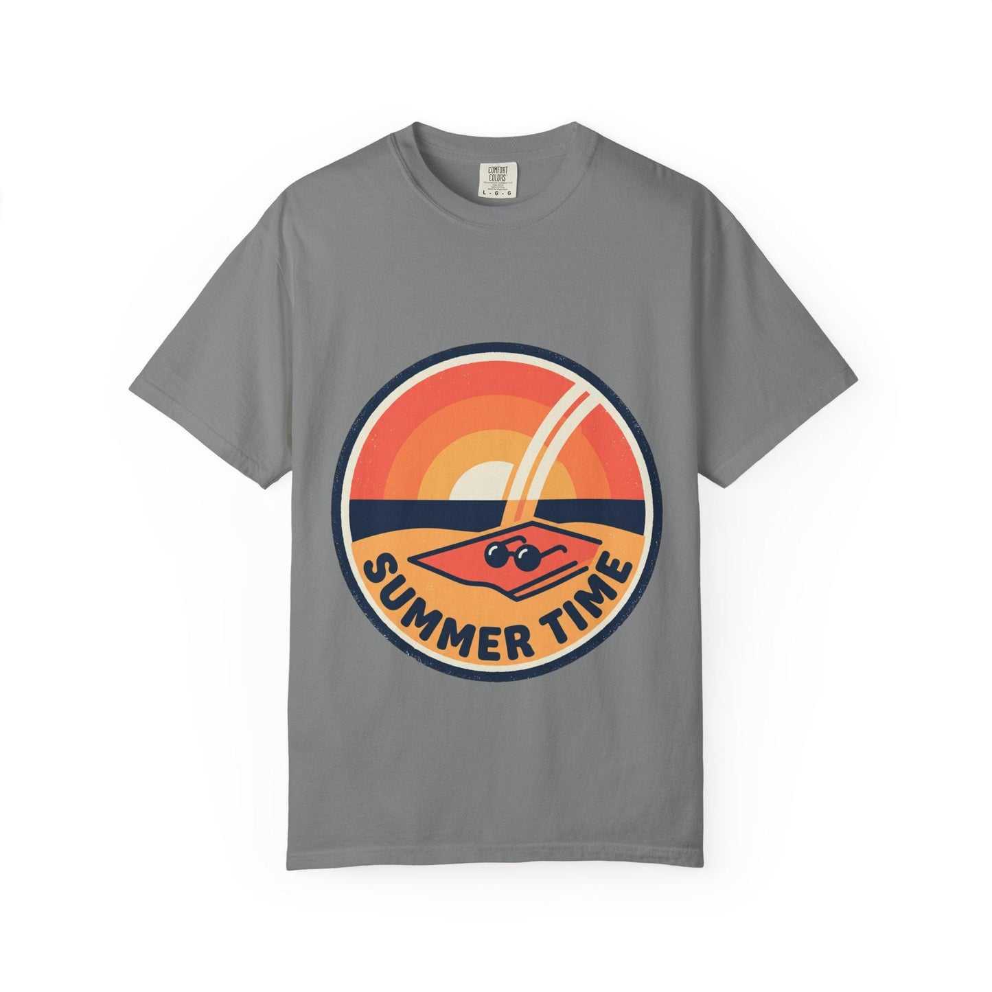 Medium gray t-shirt with round retro surf graphic and “SUMMER TIME” text
