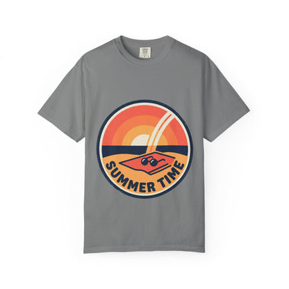 Medium gray t-shirt with round retro surf graphic and “SUMMER TIME” text