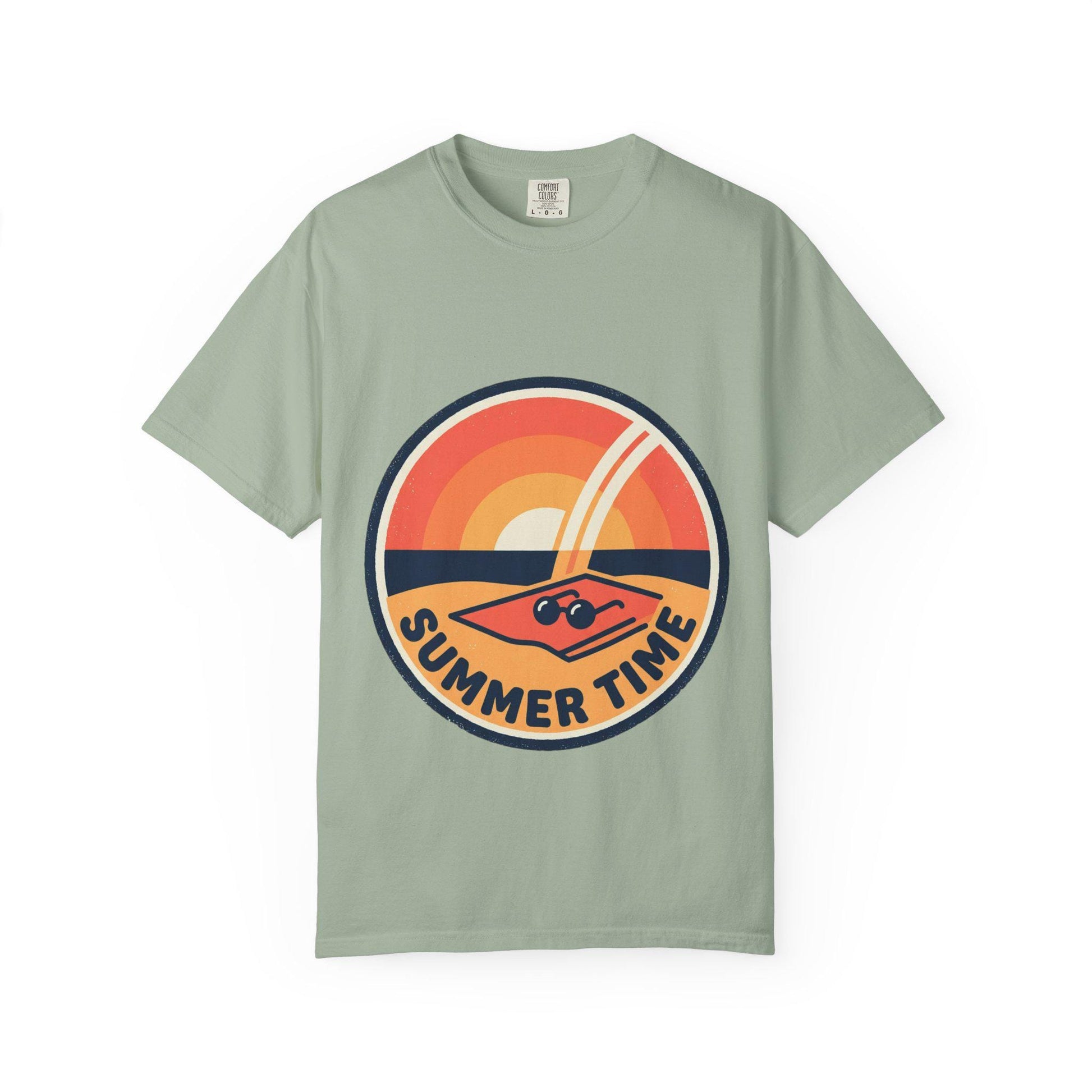 Sage green t-shirt with round retro surf graphic and “SUMMER TIME” text
