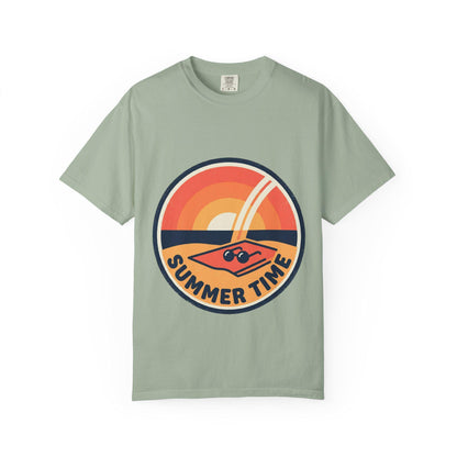 Sage green t-shirt with round retro surf graphic and “SUMMER TIME” text