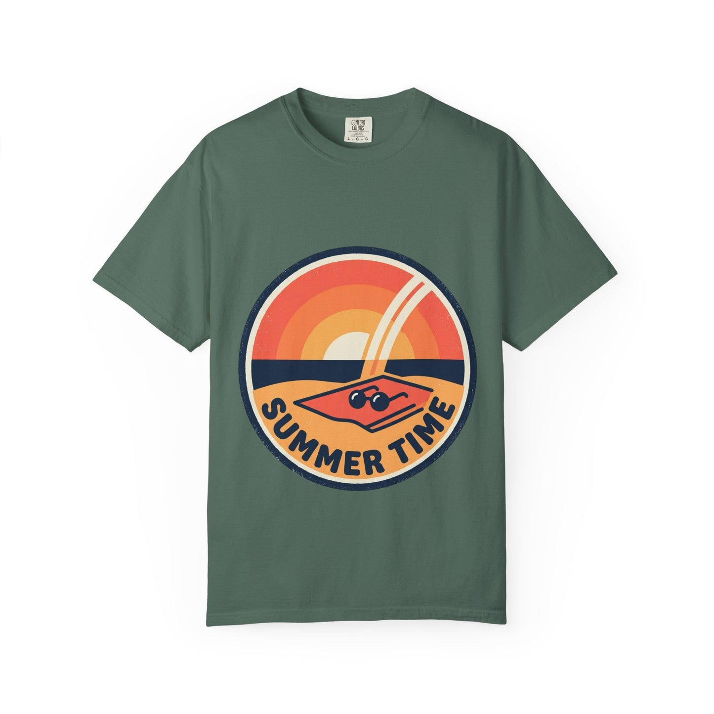 Green t-shirt with round retro surf graphic and “SUMMER TIME” text