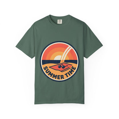 Green t-shirt with round retro surf graphic and “SUMMER TIME” text