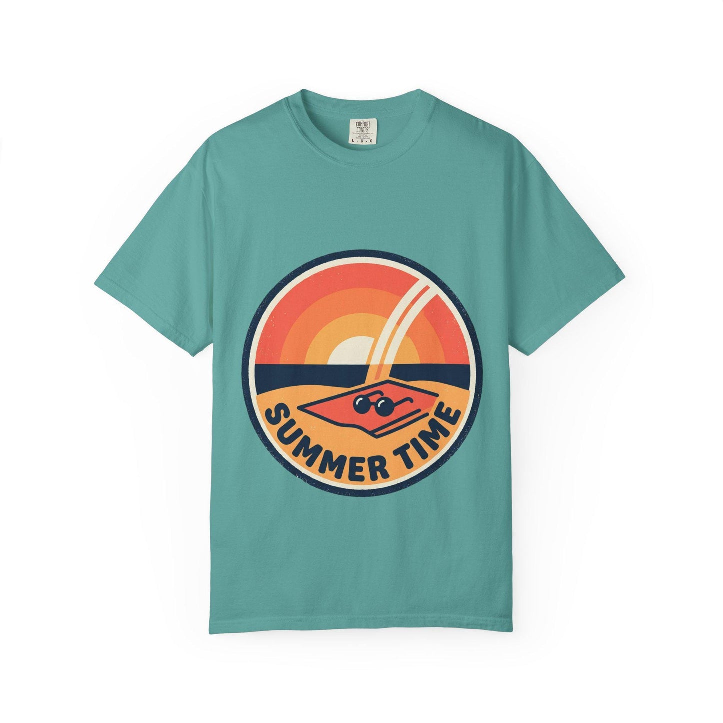 Teal t-shirt with round retro surf graphic and “SUMMER TIME” text