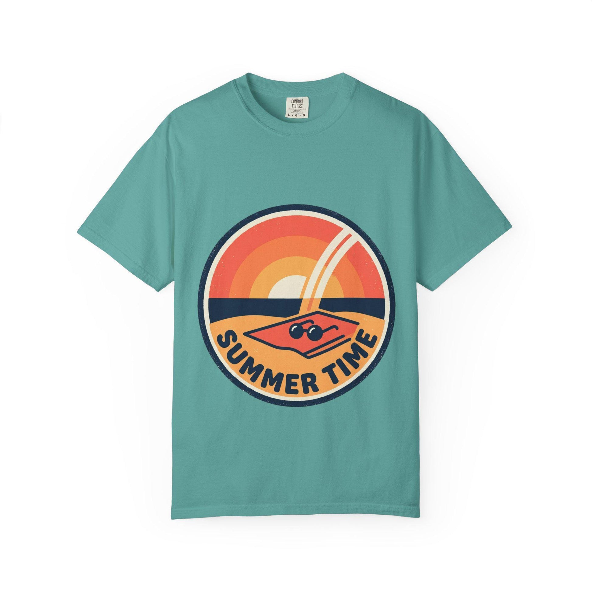 Teal t-shirt with round retro surf graphic and “SUMMER TIME” text