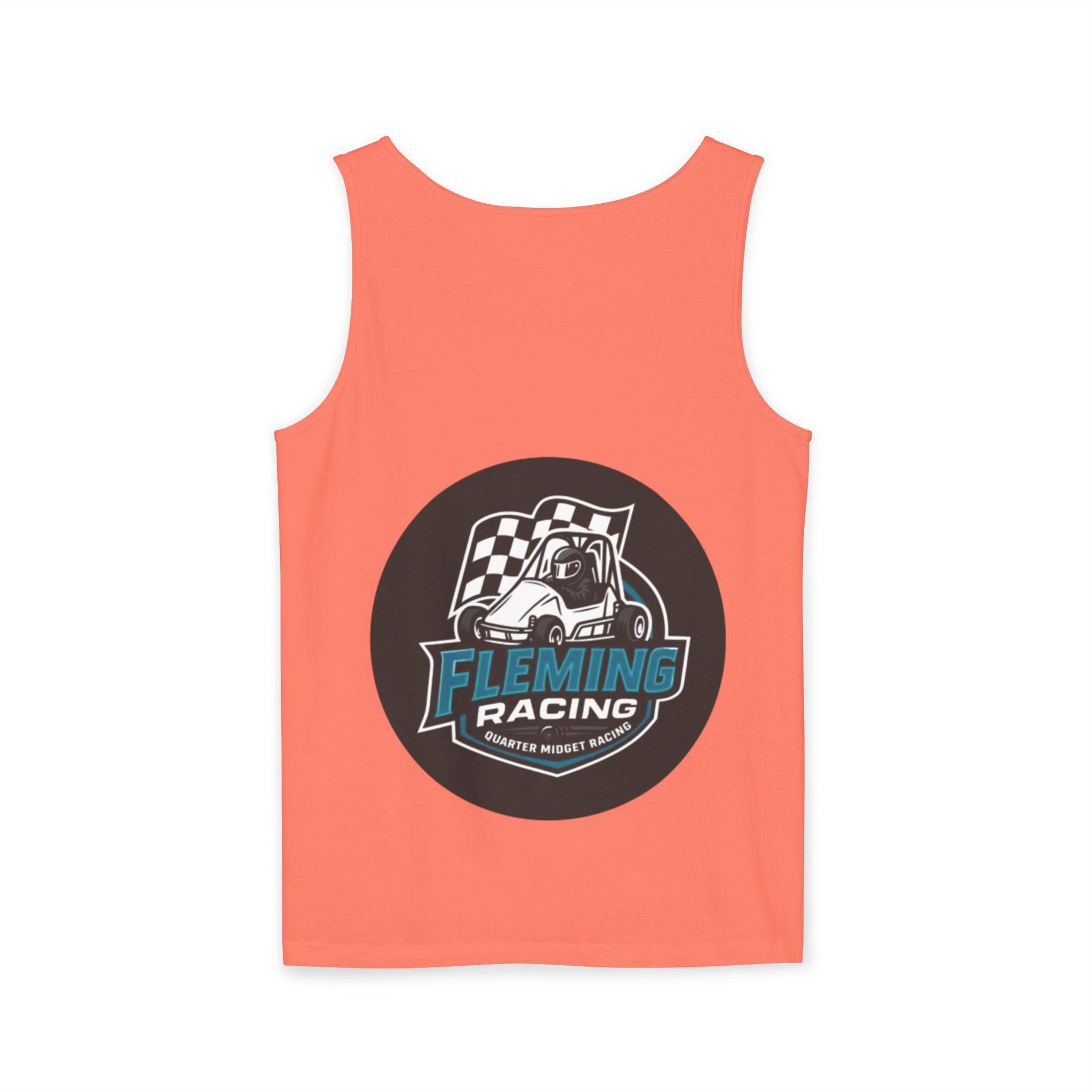 Coral racing tank top with circular car logo graphic centered on chest.