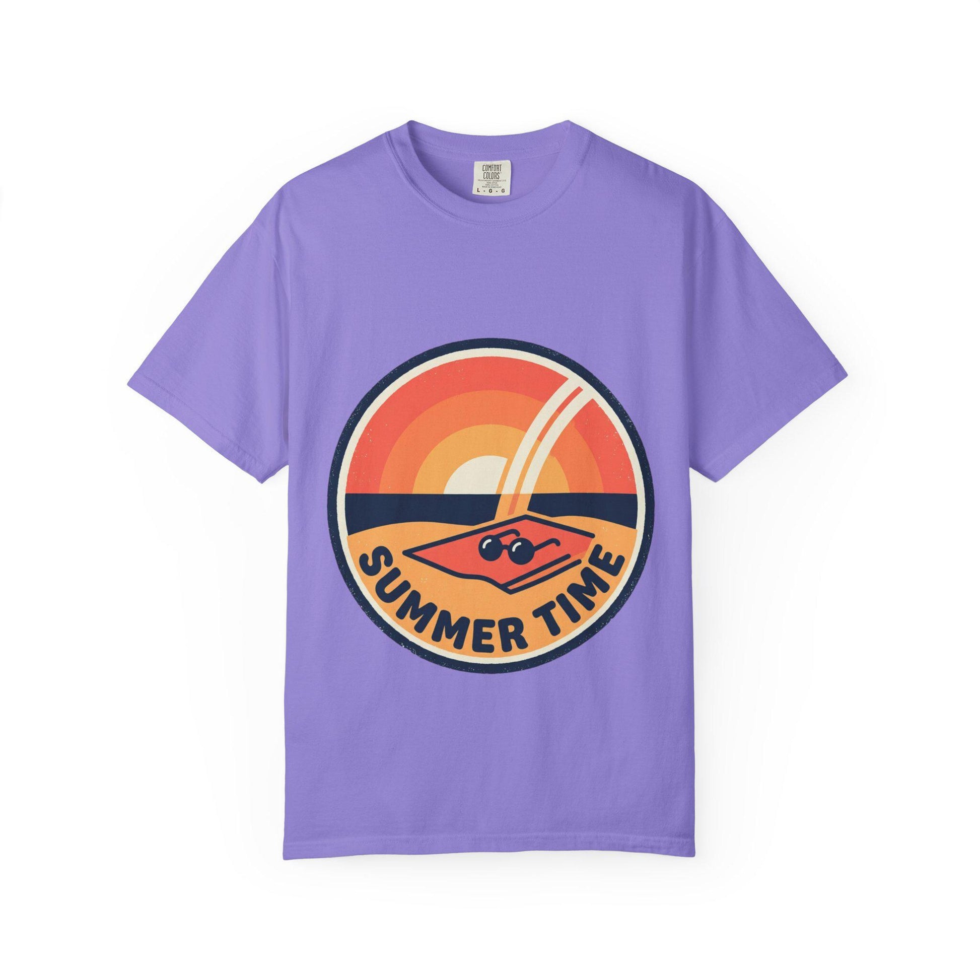 Lavender T-shirt with circular retro sunset "Summer Time" graphic