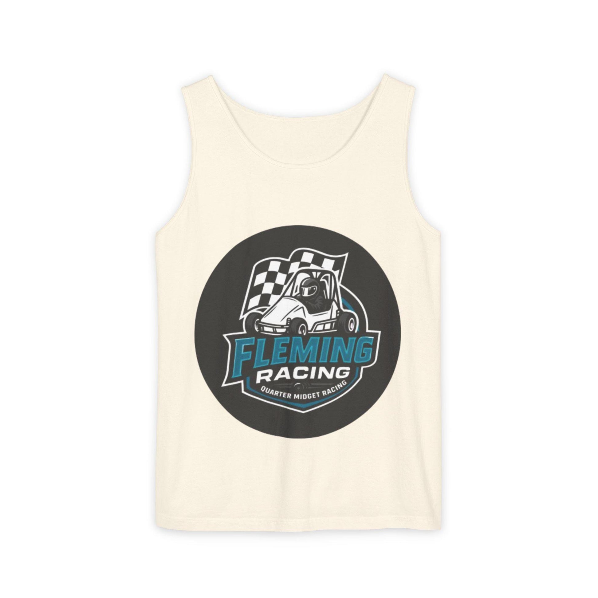 Racing tank top in light cream with large circular car logo graphic on front
